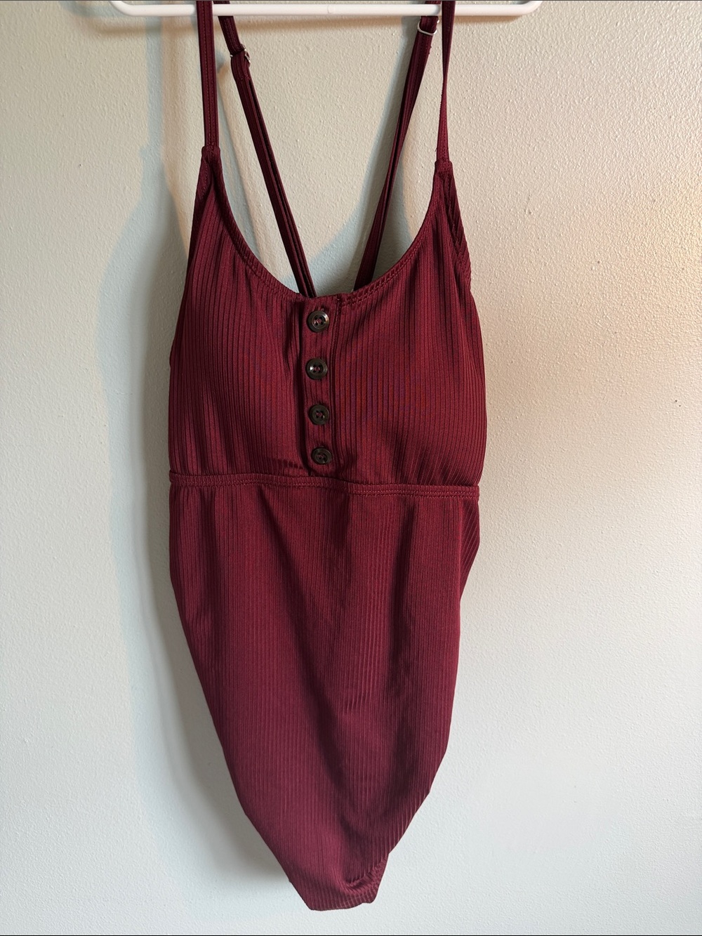 Summer Mae Size L Ribbed Button-Front Maroon One-Piece Swimsuit